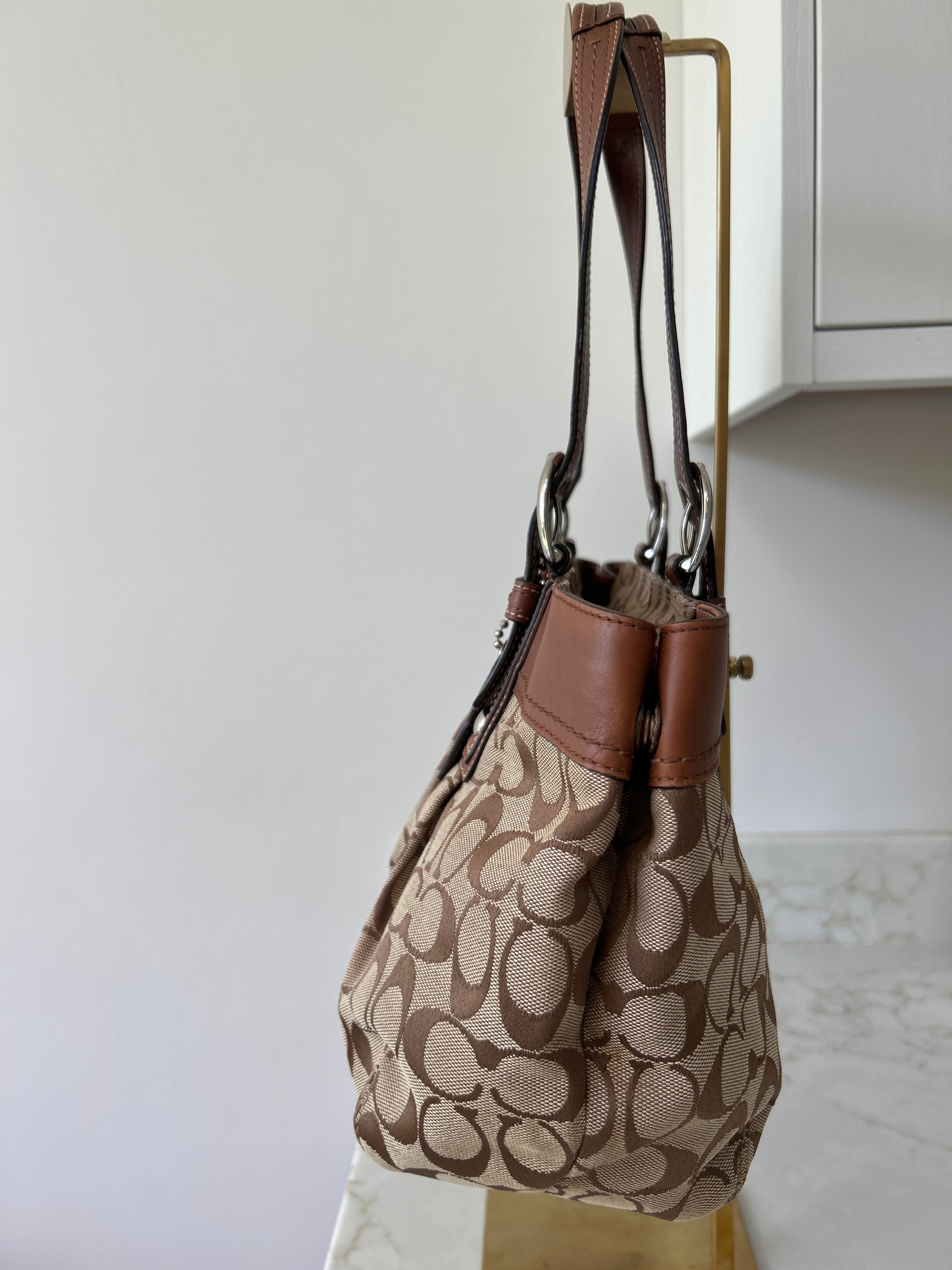 Vintage Coach brown monogram and leather tote shoulder bag