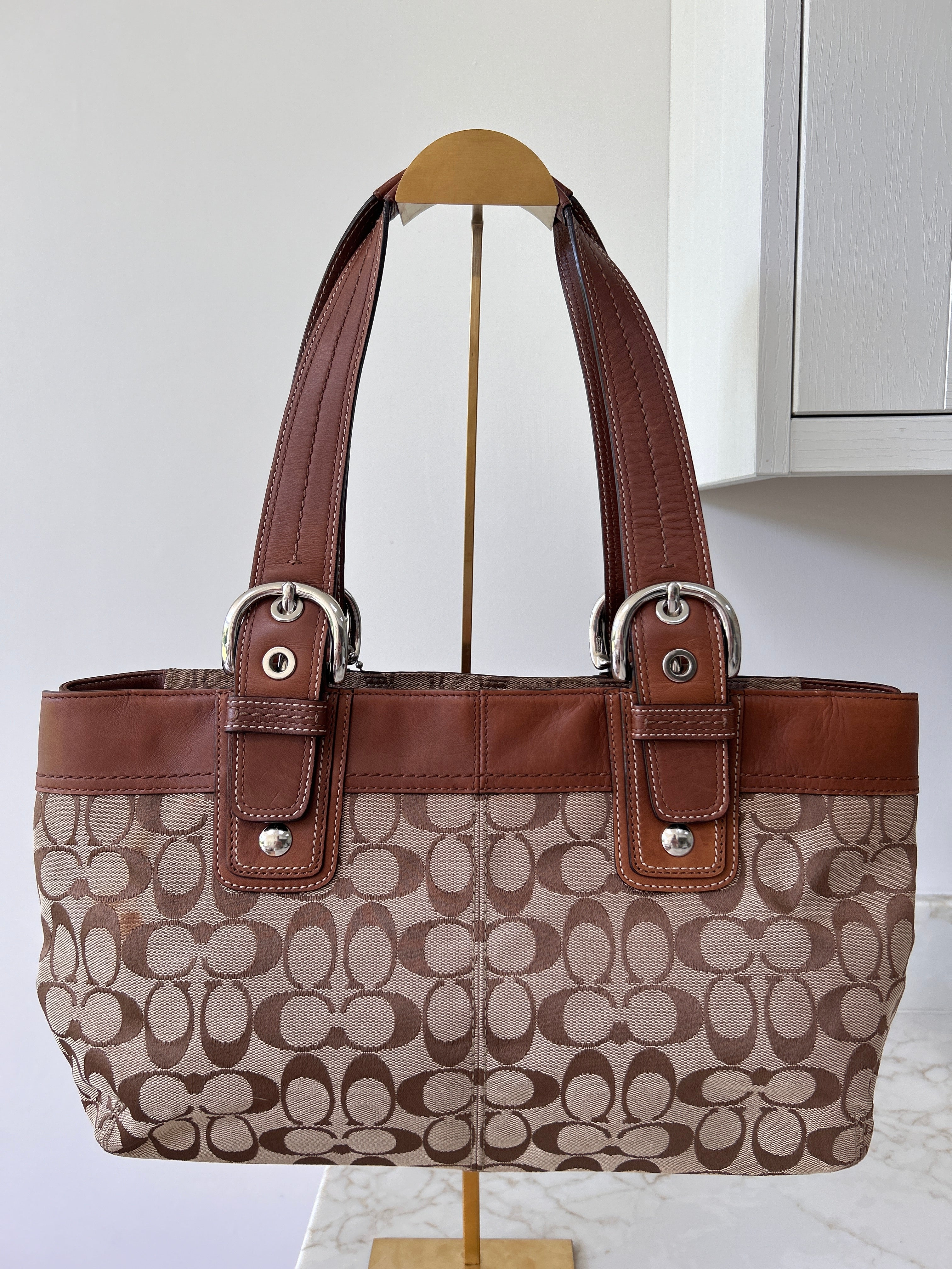 Vintage Coach brown monogram and leather tote shoulder bag