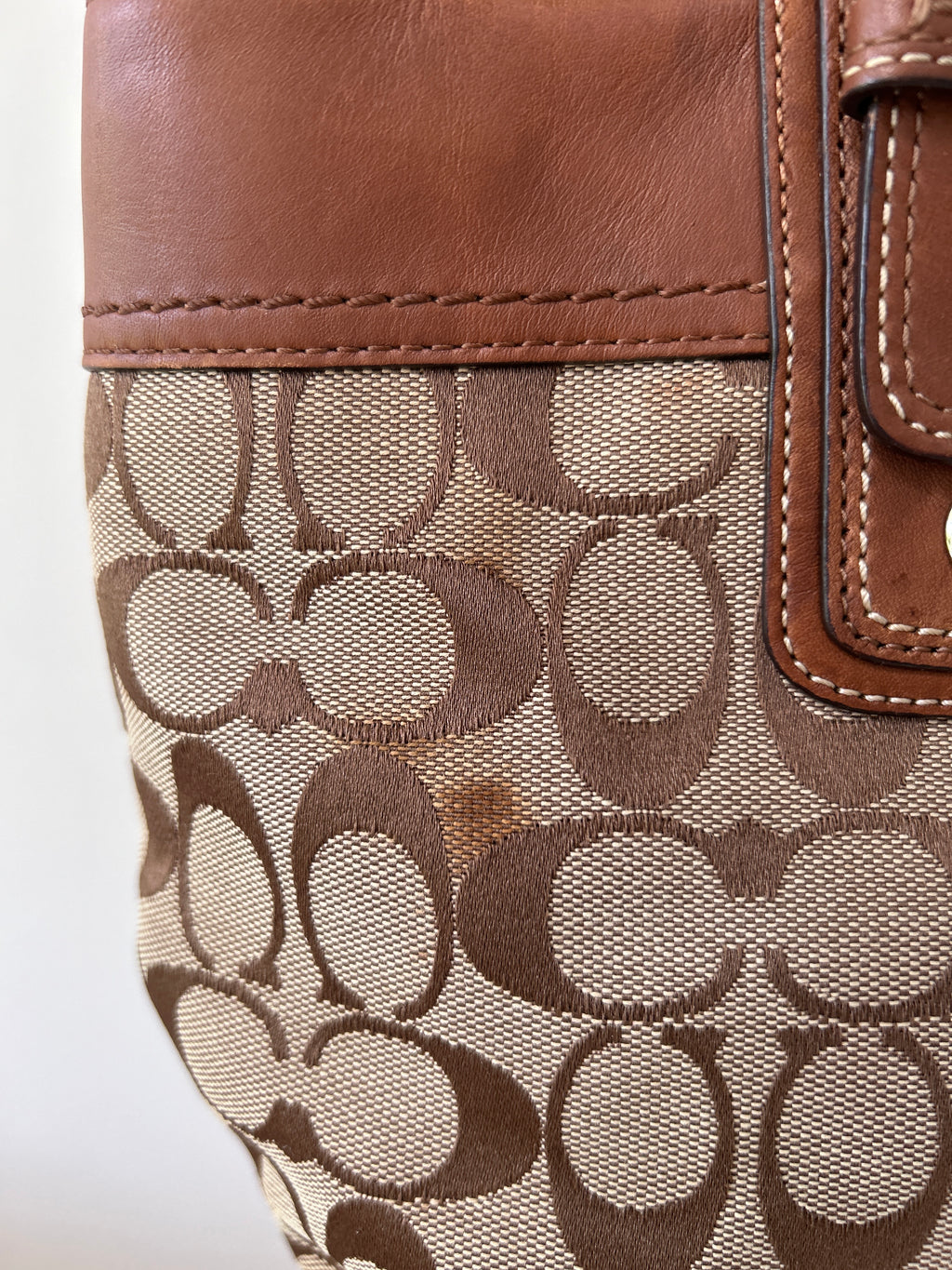 Vintage Coach brown monogram and leather tote shoulder bag
