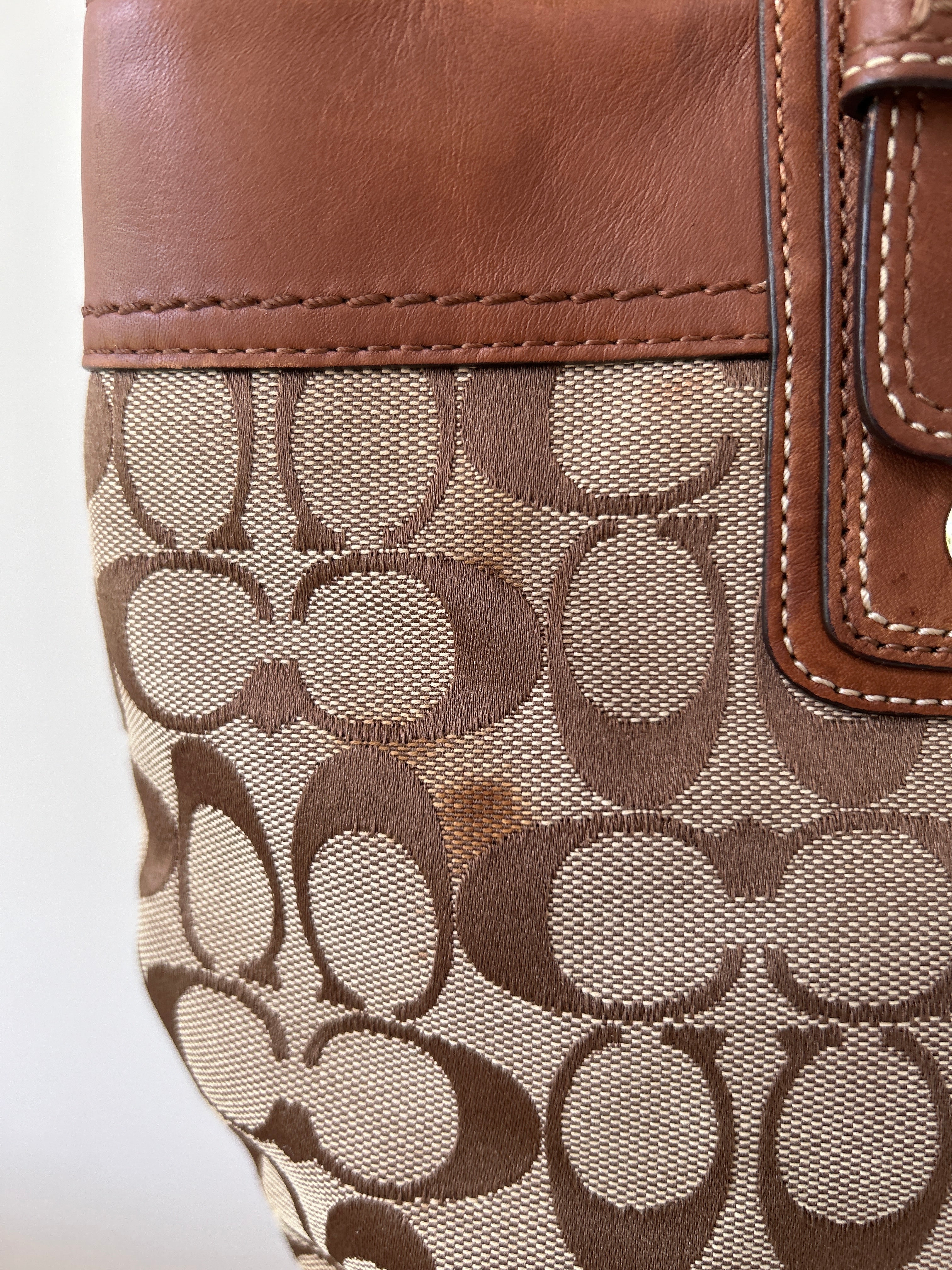 Vintage Coach brown monogram and leather tote shoulder bag