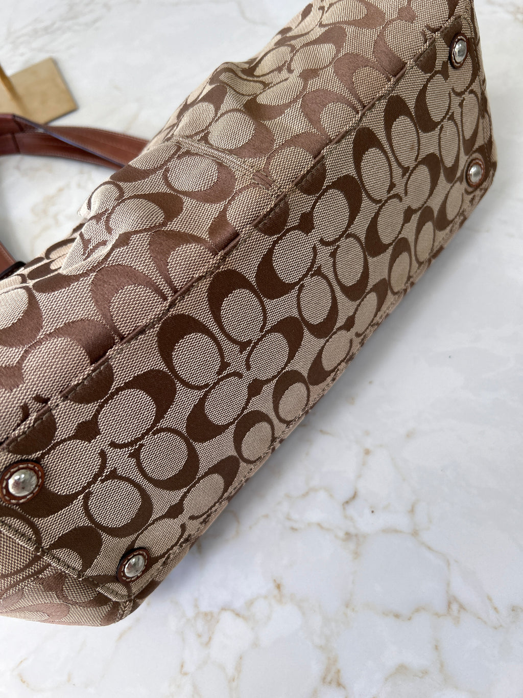 Vintage Coach brown monogram and leather tote shoulder bag