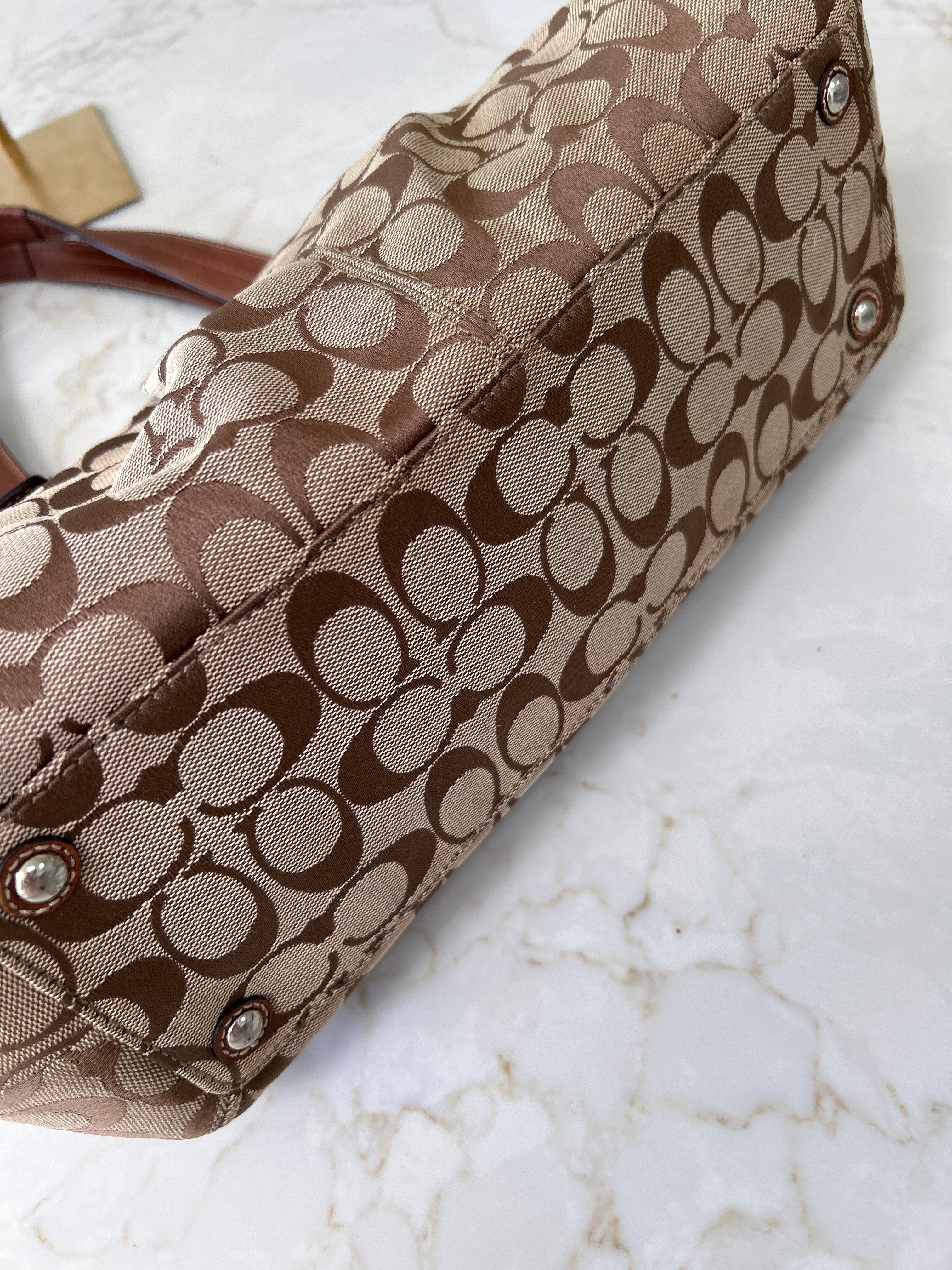 Vintage Coach brown monogram and leather tote shoulder bag