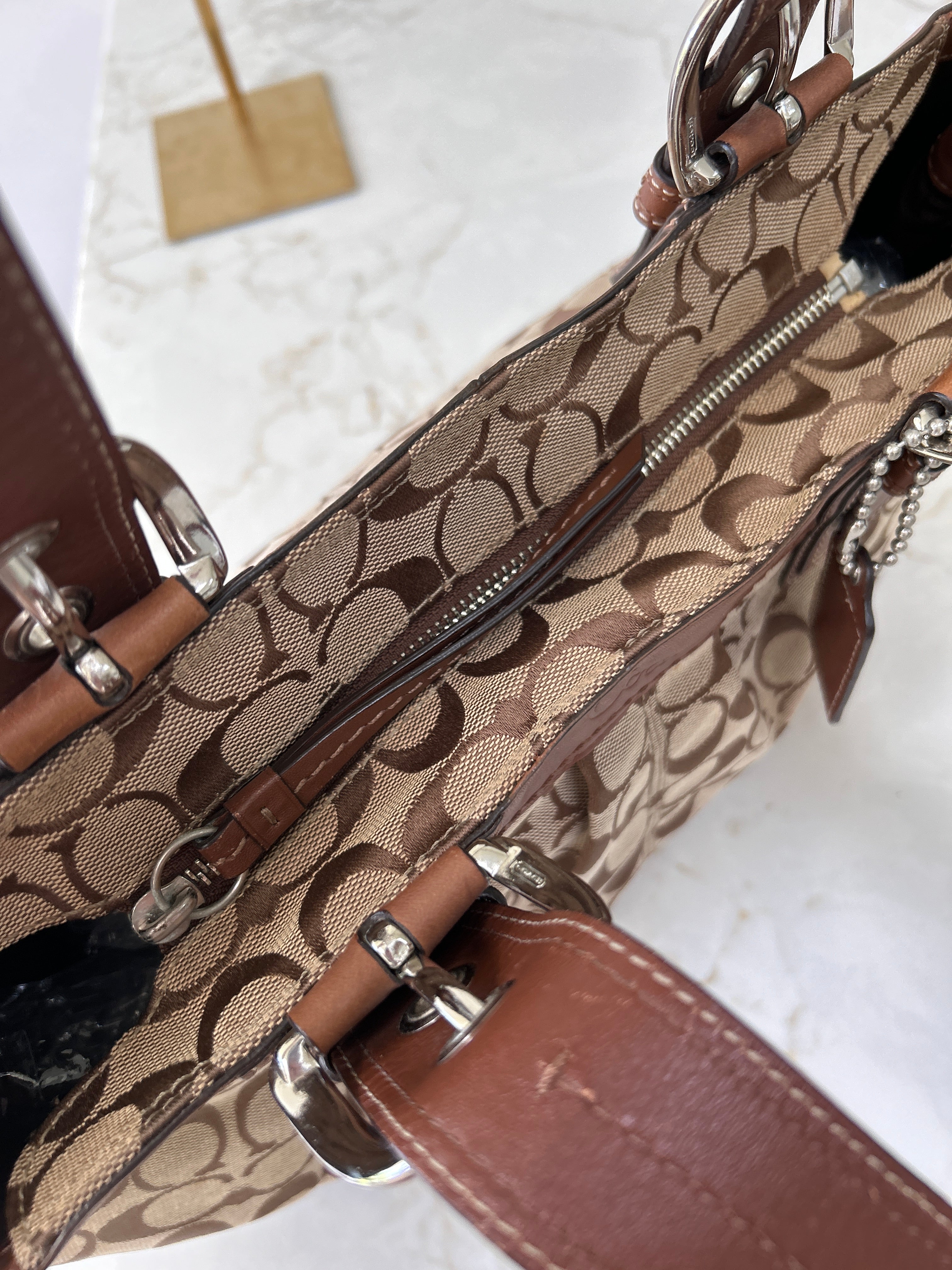 Vintage Coach brown monogram and leather tote shoulder bag