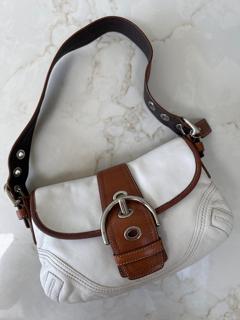 Vintage Coach white and brown leather Soho shoulder bag