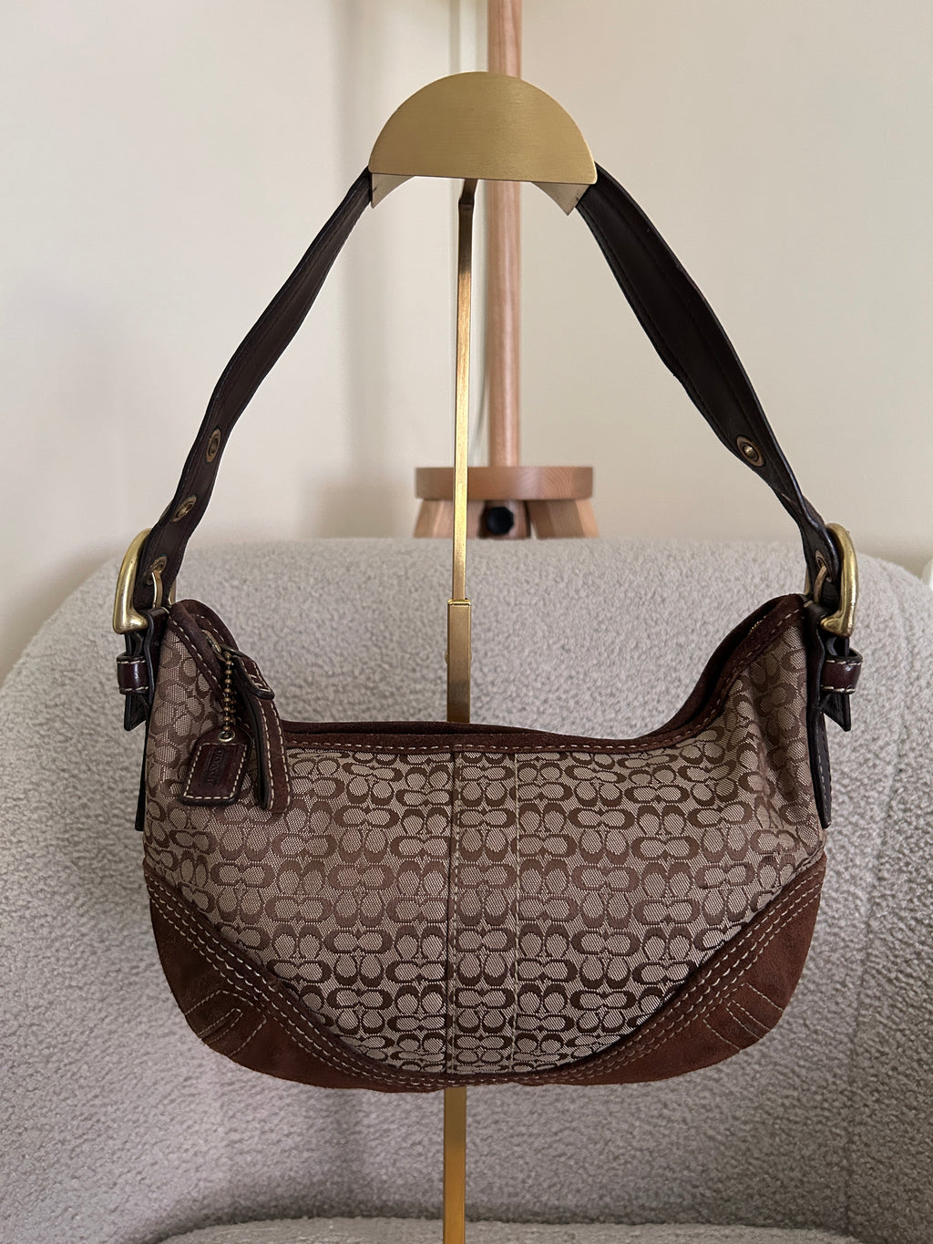Vintage Coach brown monogram suede shoulder bag