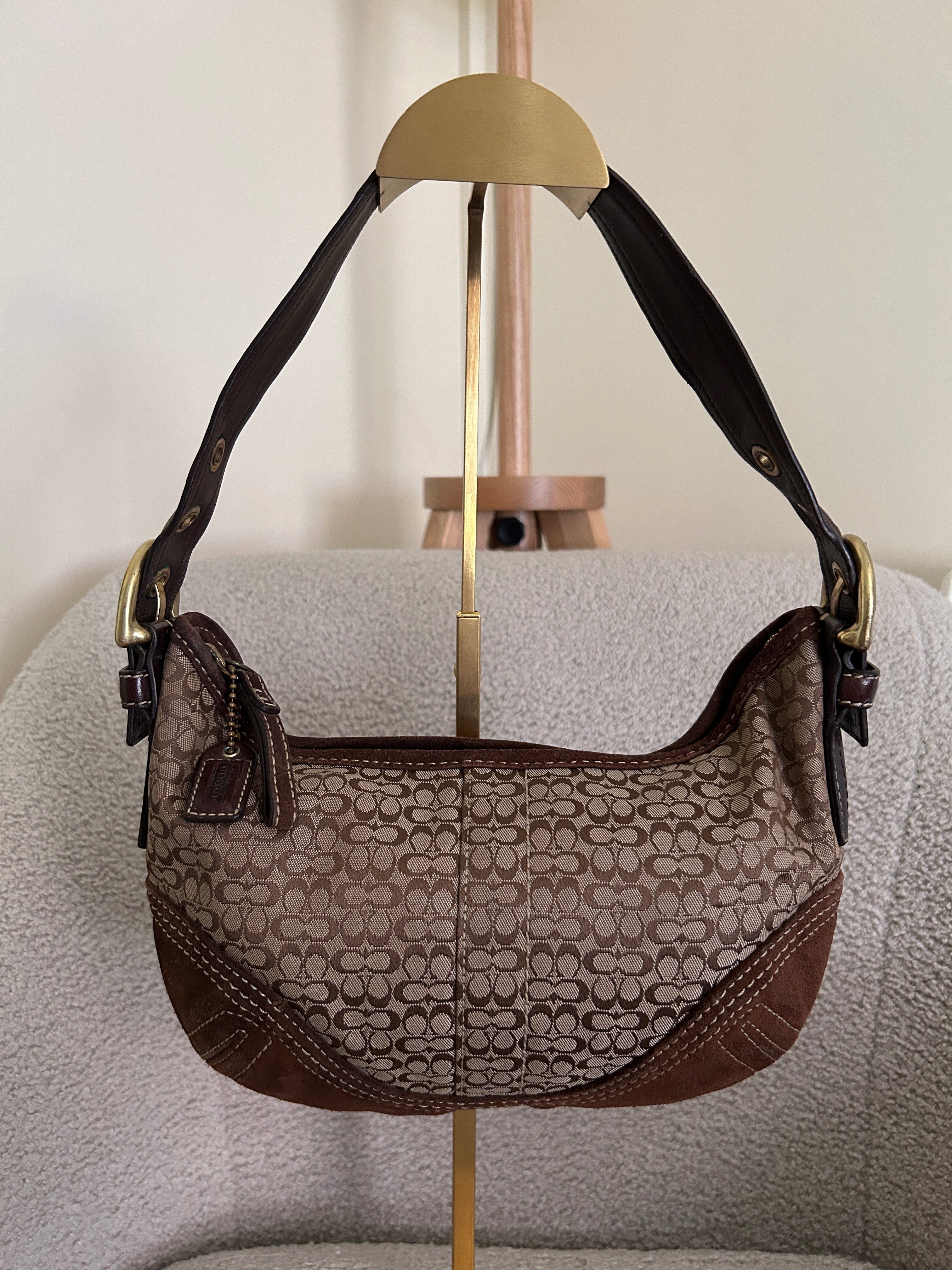 Vintage Coach brown monogram suede shoulder bag