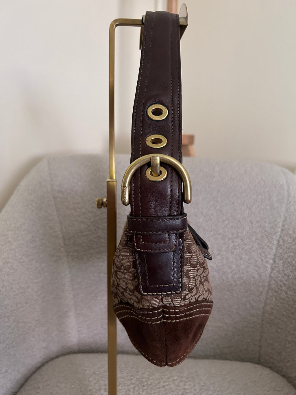 Vintage Coach brown monogram suede shoulder bag
