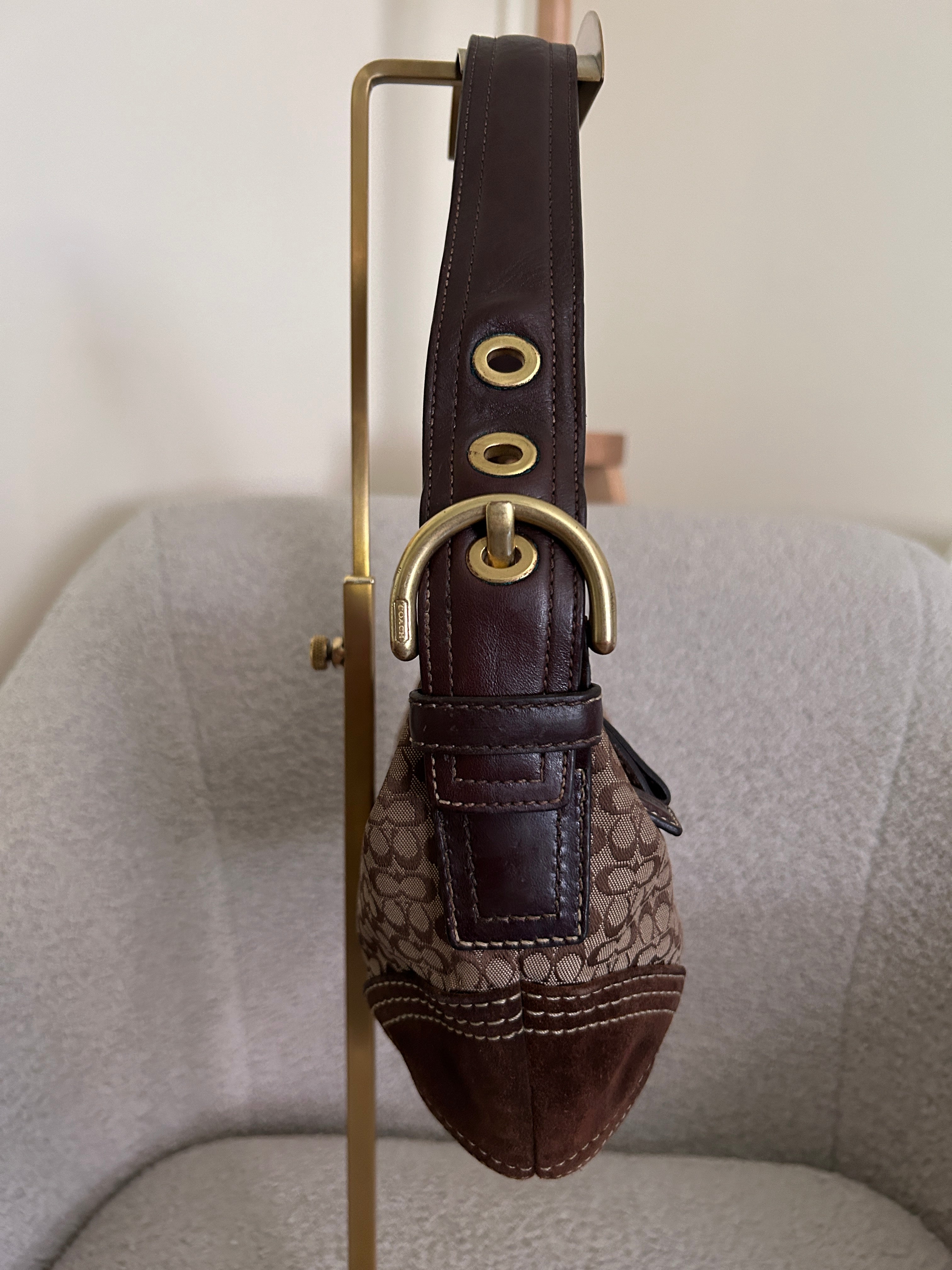 Vintage Coach brown monogram suede shoulder bag