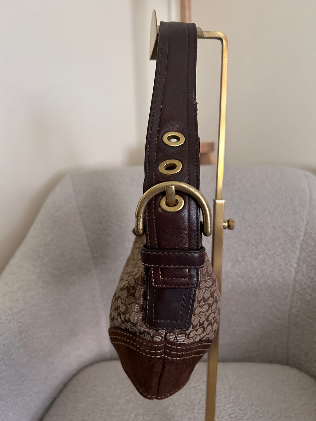 Vintage Coach brown monogram suede shoulder bag