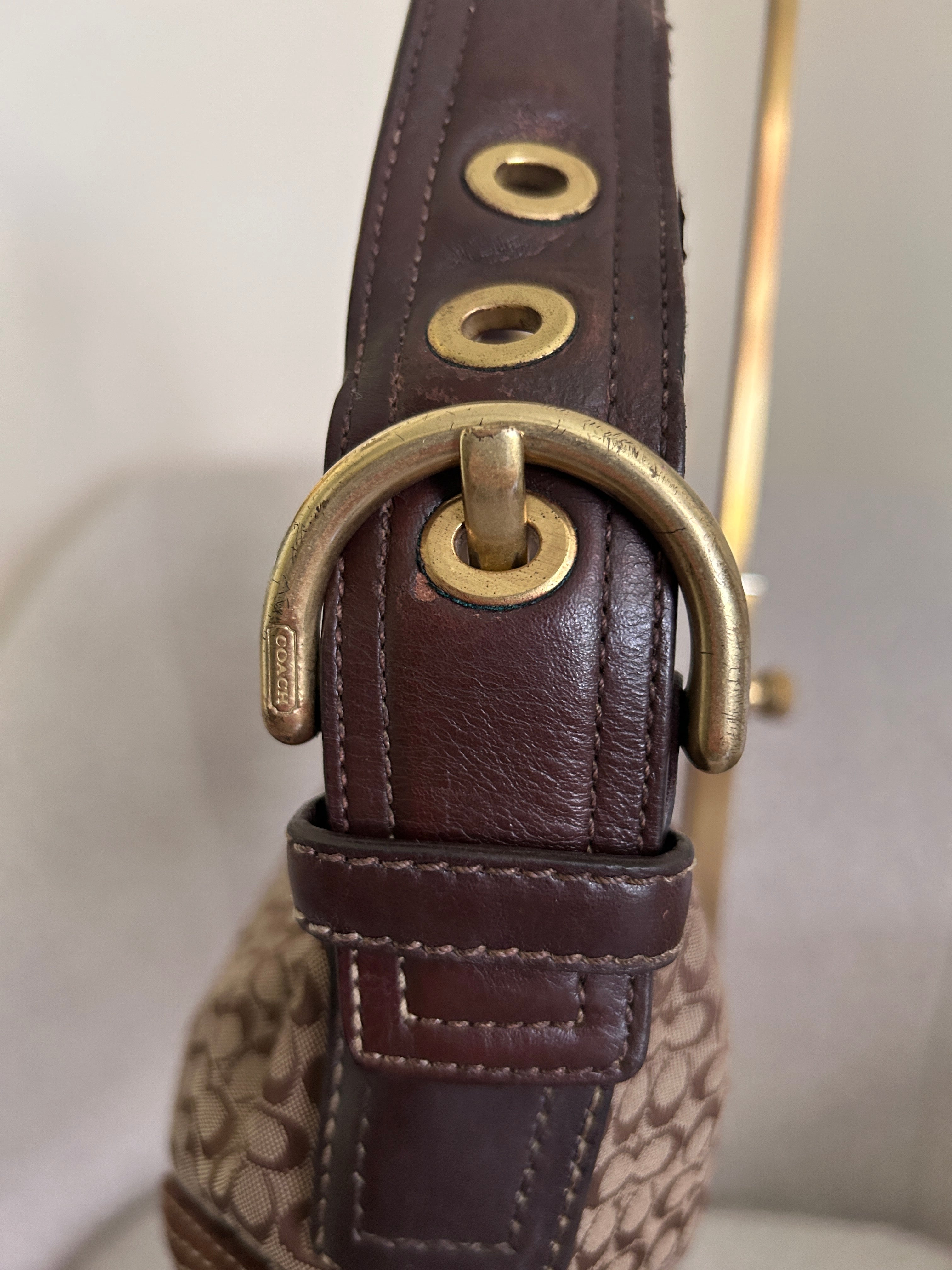 Vintage Coach brown monogram suede shoulder bag