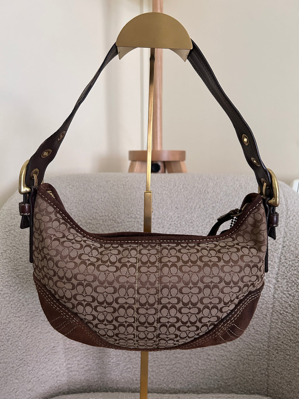 Vintage Coach brown monogram suede shoulder bag