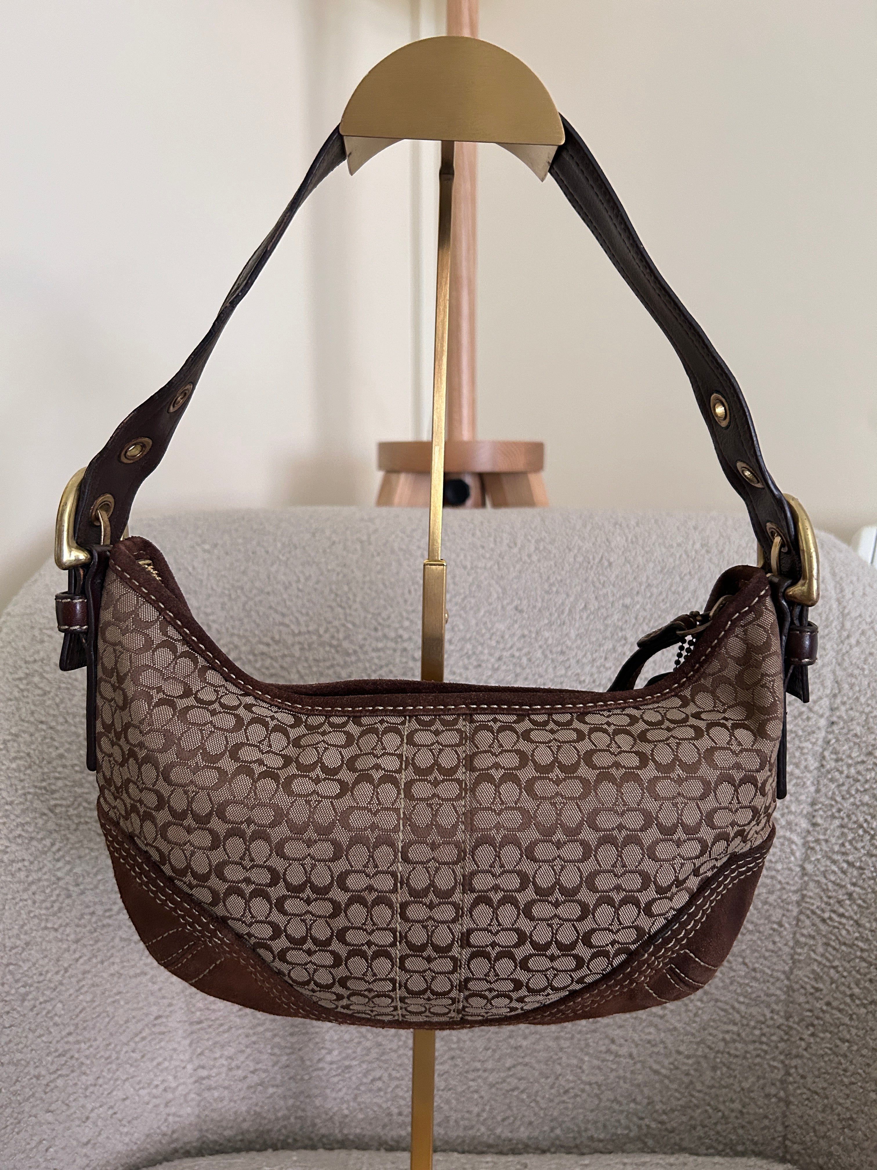 Vintage Coach brown monogram suede shoulder bag