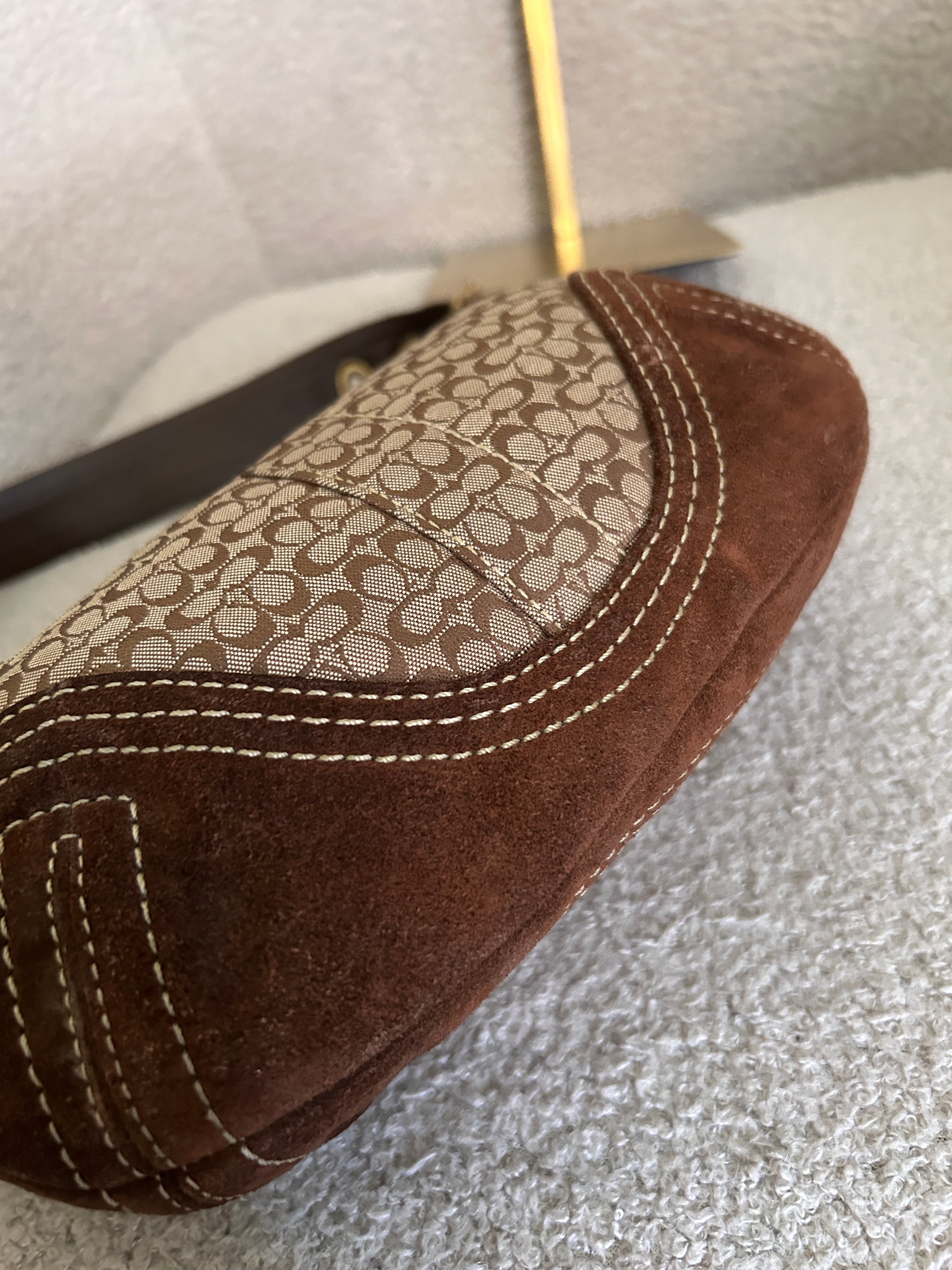Vintage Coach brown monogram suede shoulder bag