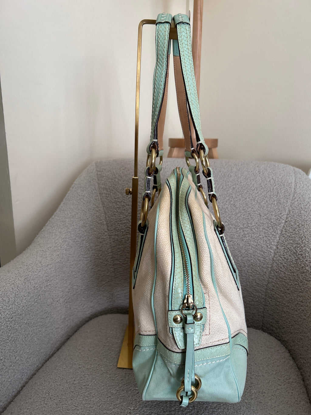 Vintage Coach cream and light blue shoulder bag