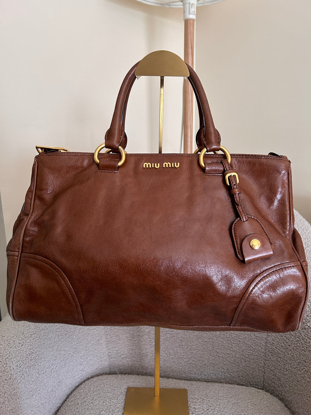 Vintage Miu Miu Vitello shine tan leather handbag