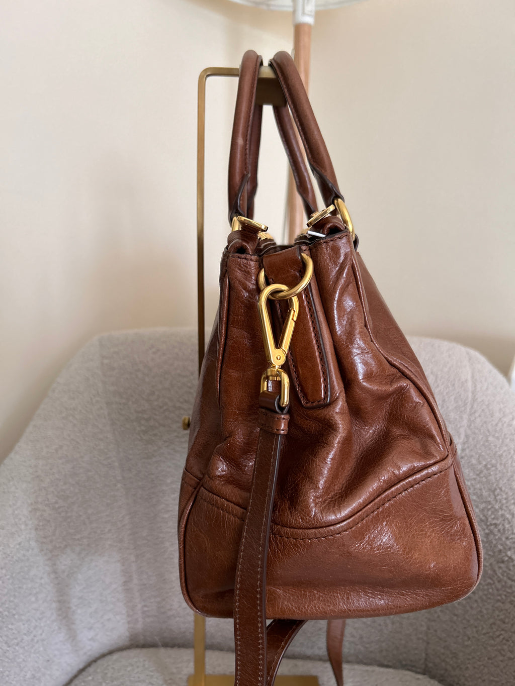 Vintage Miu Miu Vitello shine tan leather handbag